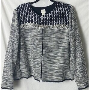 Chico's Womens Jacket Top 3 Black Tweed Navy Blue Fringe Career Business Pockets
